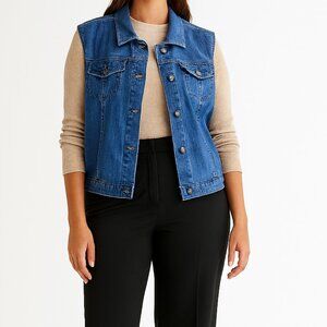 Woman Within Blue Denim Vest Size 24W Button Front Sleeveless Layering Classic
